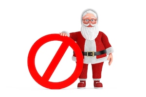 Cartoon cheerful santa claus granpa with red prohibition or forbidden sign 3d rendering