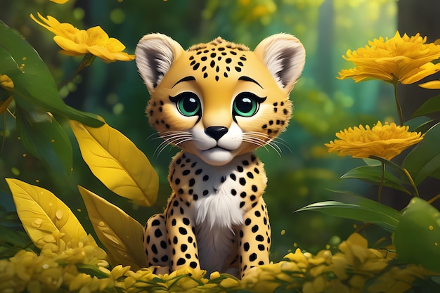 Cartoon Cheetah In A Forest Landscape Background ai generated