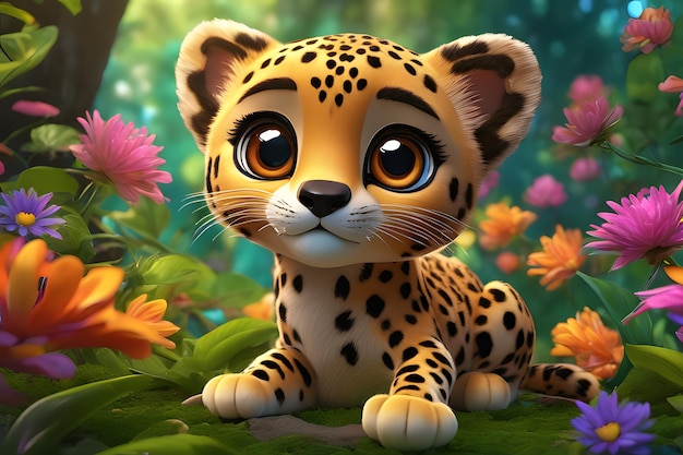 Photo cartoon cheetah in a forest landscape background ai generated