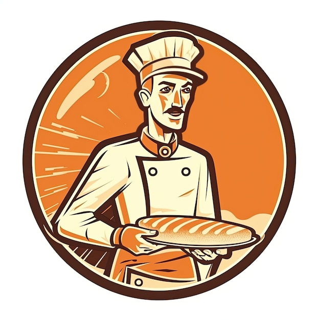 Foto uno chef di cartoni animati con in mano una baguette e un piatto nello stile dell'ia generativa arancione chiaro e bronzo