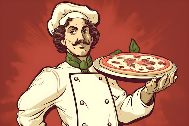 A cartoon of a chef holding a pizza on a tray.