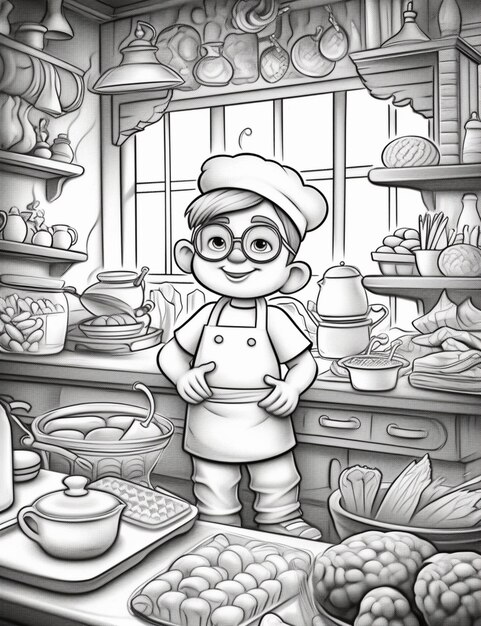 Photo cartoon chef in a kitchen with a lot of food on the counter generative ai