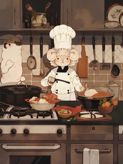 cartoon of a chef in a kitchen with a pot and pan generative ai