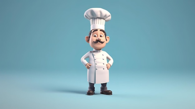 A cartoon chef stands in front of a blue background.