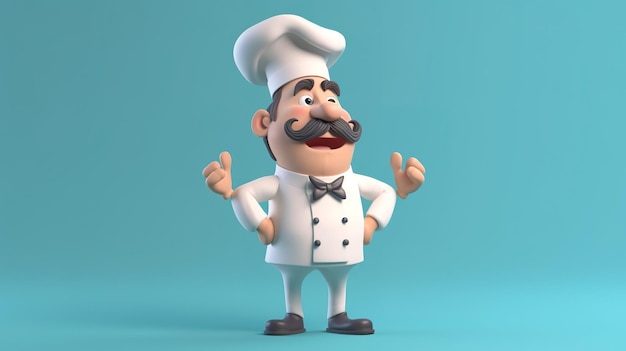 A cartoon chef with a hat and a mustache stands in front of a blue background.