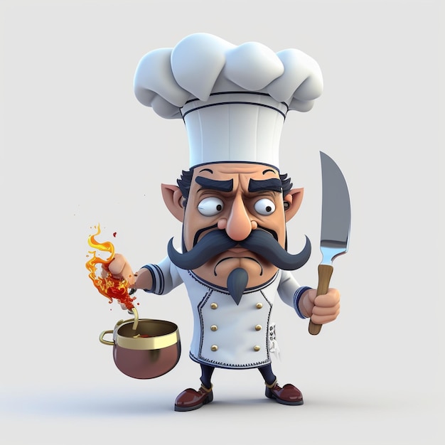 A cartoon chef with a knife and a pot of food in his hand.