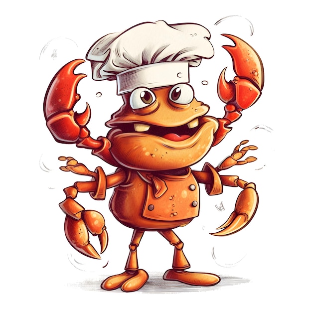 A cartoon of a chef with a white hat and a lobster on his head.