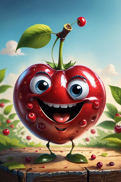 a cartoon cherry with a smiling face and a leaf on top