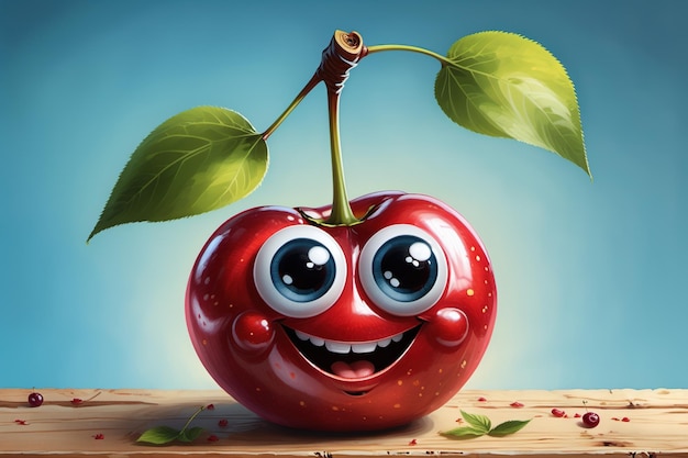 a cartoon cherry with a smiling face and a leaf on top