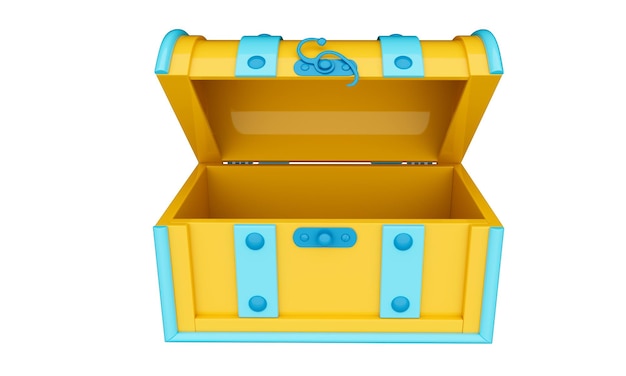 A cartoon chest toy in saturated colors of yellow and blue with an open lid Isolated on white