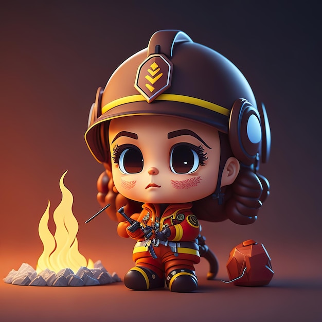 A cartoon chibi firegirl character with a hat firefighter