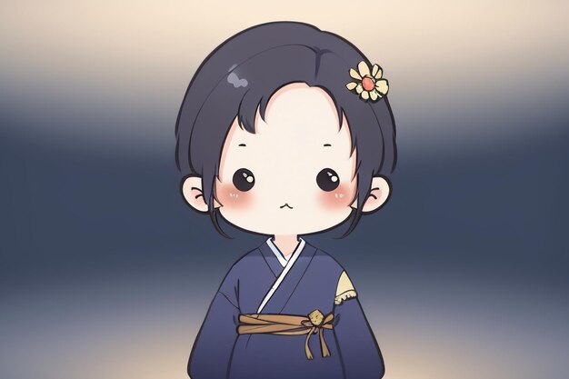 Cartoon chibi girl wearing ancient Chinese Hanfu with small flower decorations in her hair