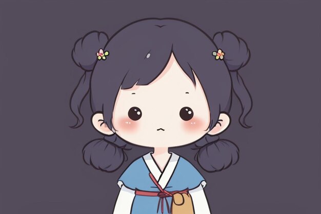 Cartoon chibi girl wearing ancient Chinese Hanfu with small flower decorations in her hair