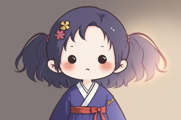 Cartoon chibi girl wearing ancient Chinese Hanfu with small flower decorations in her hair