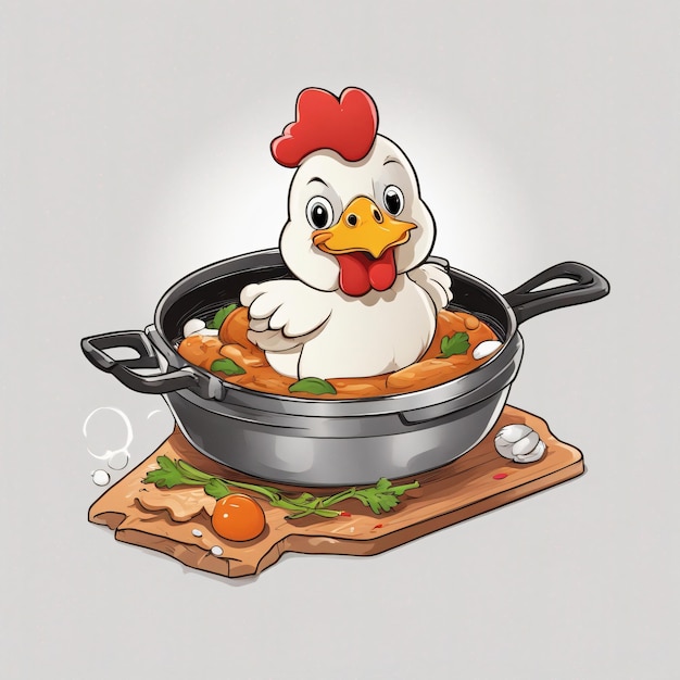 A Cartoon chicken shafe cooking looks funny white background