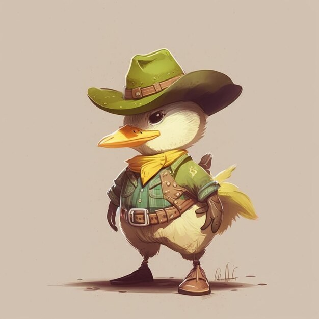 Photo a cartoon of a chicken wearing a cowboy hat and a green shirt.