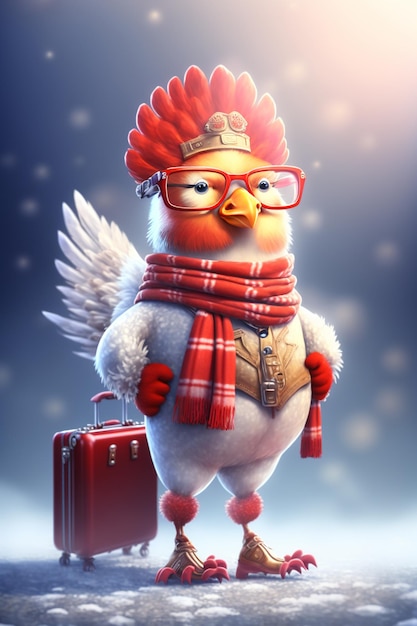 Фото Мультфильм курица в очках и шарфе с чемоданом генеративный ай