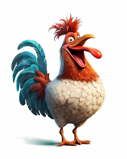 cartoon chicken with red beak and blue tail standing on a white surface generative ai