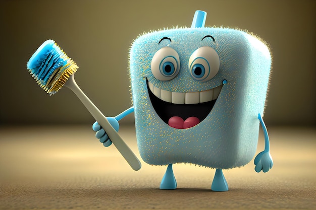 Photo cartoon child character with toothbrush cheerful smile cartoon childrens character with a toothbrush