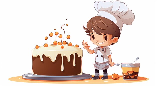 Cartoon Child in the Kitchen Making a Cake with a Curious Companion