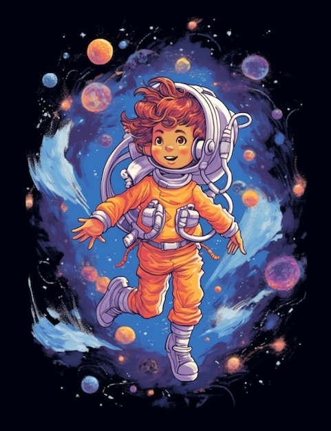 A cartoon of a child in an orange space suit with the words " space " on the bottom.