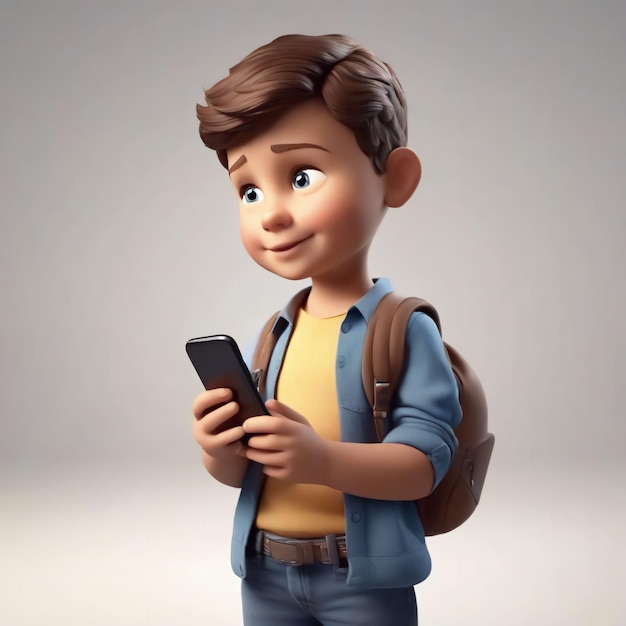 Cartoon Child with a full length smartphone isolated on a white background 3D rendering