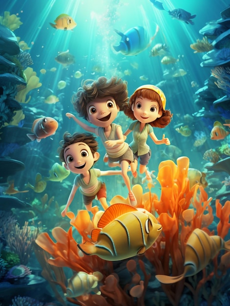 cartoon children are swimming in a coral reef with fish generative ai