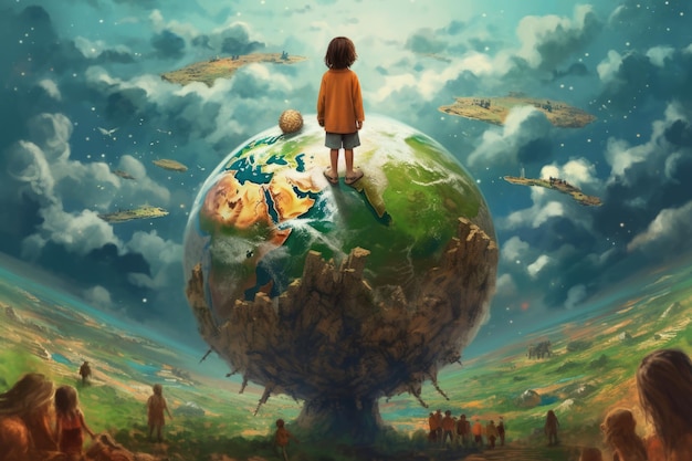 A cartoon of children around a globe