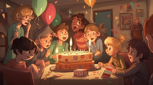 A cartoon of children celebrating a birthday with a cake and balloons.