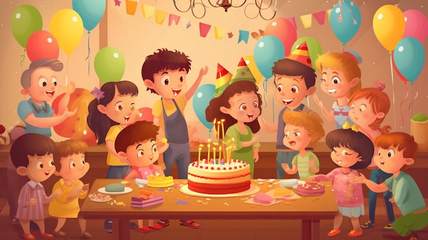 A cartoon of children celebrating a birthday with a cake and party hats.