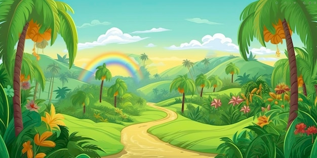 Детская мультфильмная страница с радугой и пальмами Забавное и образовательное приключение AI Generative