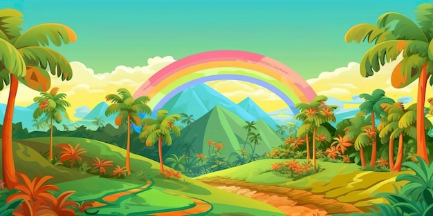 A Cartoon Children Page with a Rainbow and Palm Trees A Fun and Educational Adventure AI Generative