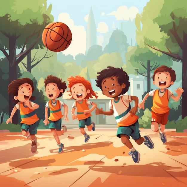 Cartoon children playing basketball AI generated Image