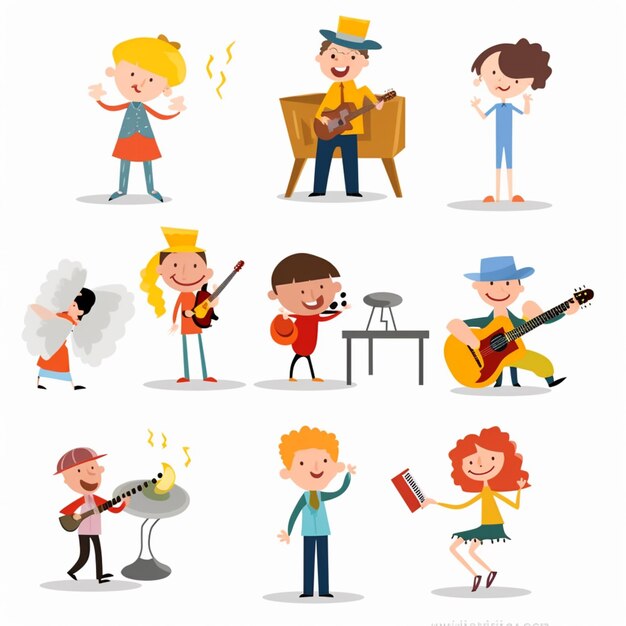 Photo cartoon children playing music and singing and playing instruments generative ai