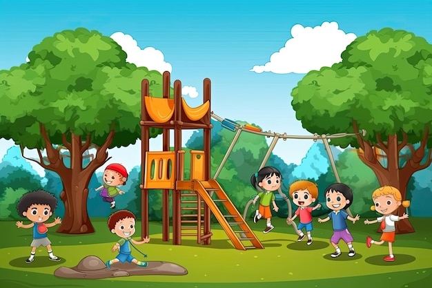 Cartoon children playing in the park Generative AI