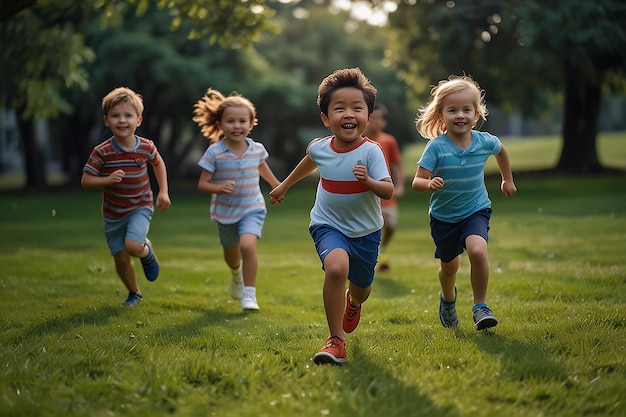 Cartoon Children Playing Tag Grassland Fun