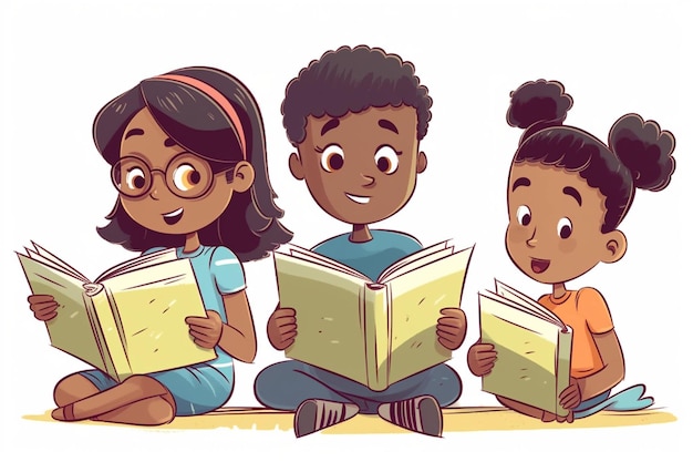 A cartoon of children reading books and one of them reading