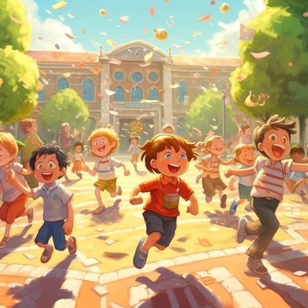 A cartoon of children running in a park with a building in the background