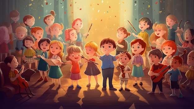 A cartoon of children singing and singing