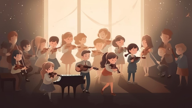 A cartoon of children singing and singing