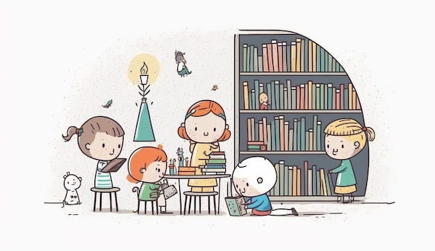 cartoon of children sitting at a table with books and a cat generative ai