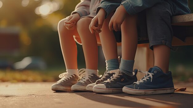 Cartoon children sitting together on a roadside bench couple