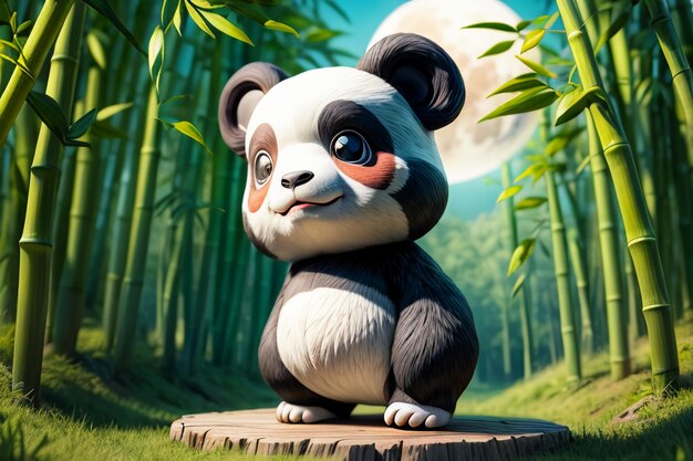 Cartoon chinese national treasure panda playing in bamboo forest anime 3d rendering wallpaper