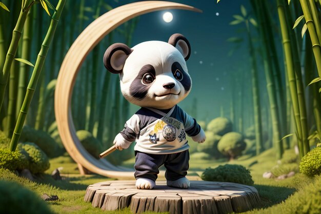 Cartoon chinese national treasure panda playing in bamboo forest anime 3d rendering wallpaper