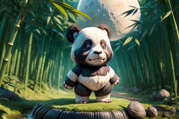 Cartoon chinese national treasure panda playing in bamboo forest anime 3d rendering wallpaper