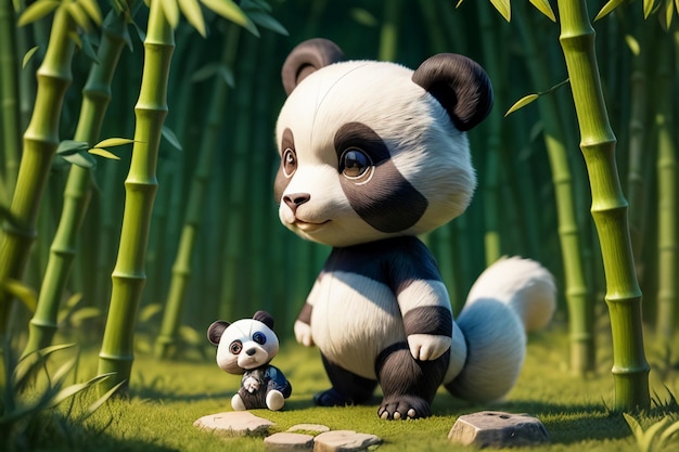 Foto panda del tesoro nazionale cinese dei cartoni animati che gioca nella foresta di bambù anime 3d rendering wallpaper