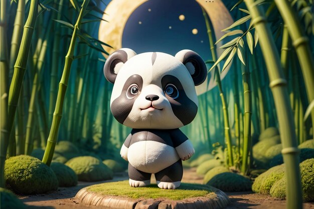 Cartoon chinese national treasure panda playing in bamboo forest anime 3d rendering wallpaper