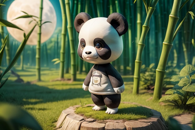 Cartoon chinese national treasure panda playing in bamboo forest anime 3d rendering wallpaper