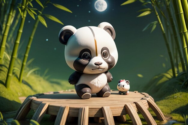 Cartoon chinese national treasure panda playing in bamboo forest anime 3d rendering wallpaper