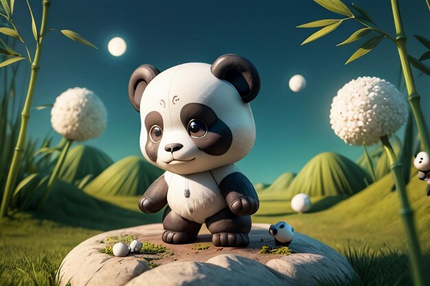 Cartoon chinese national treasure panda playing in bamboo forest anime 3d rendering wallpaper